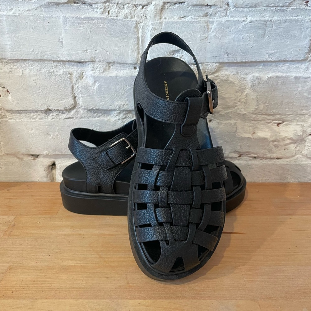 By Anthropologie Black Leather Fisherman Flats 36 - Picture 2 of 9